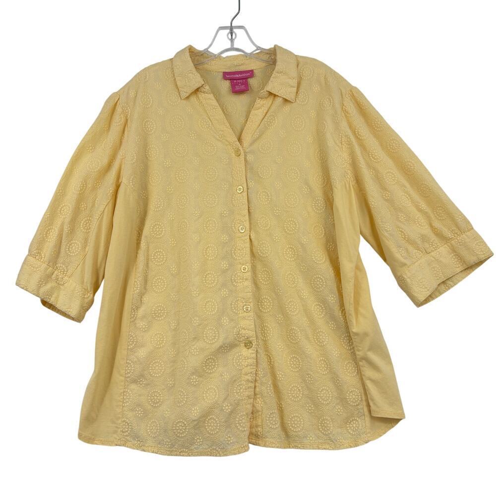 Woman Within Blouse Size 1X Yellow Embroidered Button Up Elbow Sleeve Cotton